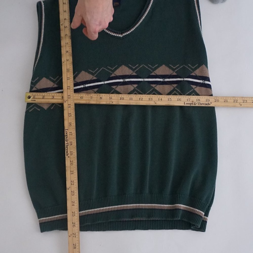 Vintage 90s Steve Strickland fairway sportswear green cotton knit v-neck Vest XL - Picture 3 of 8